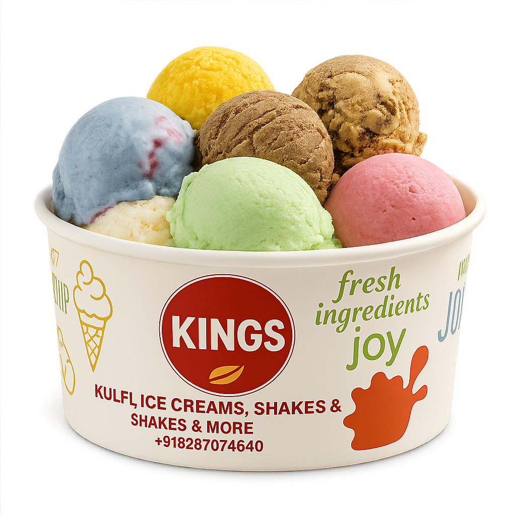 Container of colorful ice cream scoops in a branded bowl.