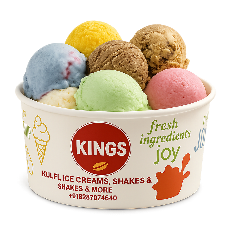 Container of colorful ice cream scoops in a branded bowl.